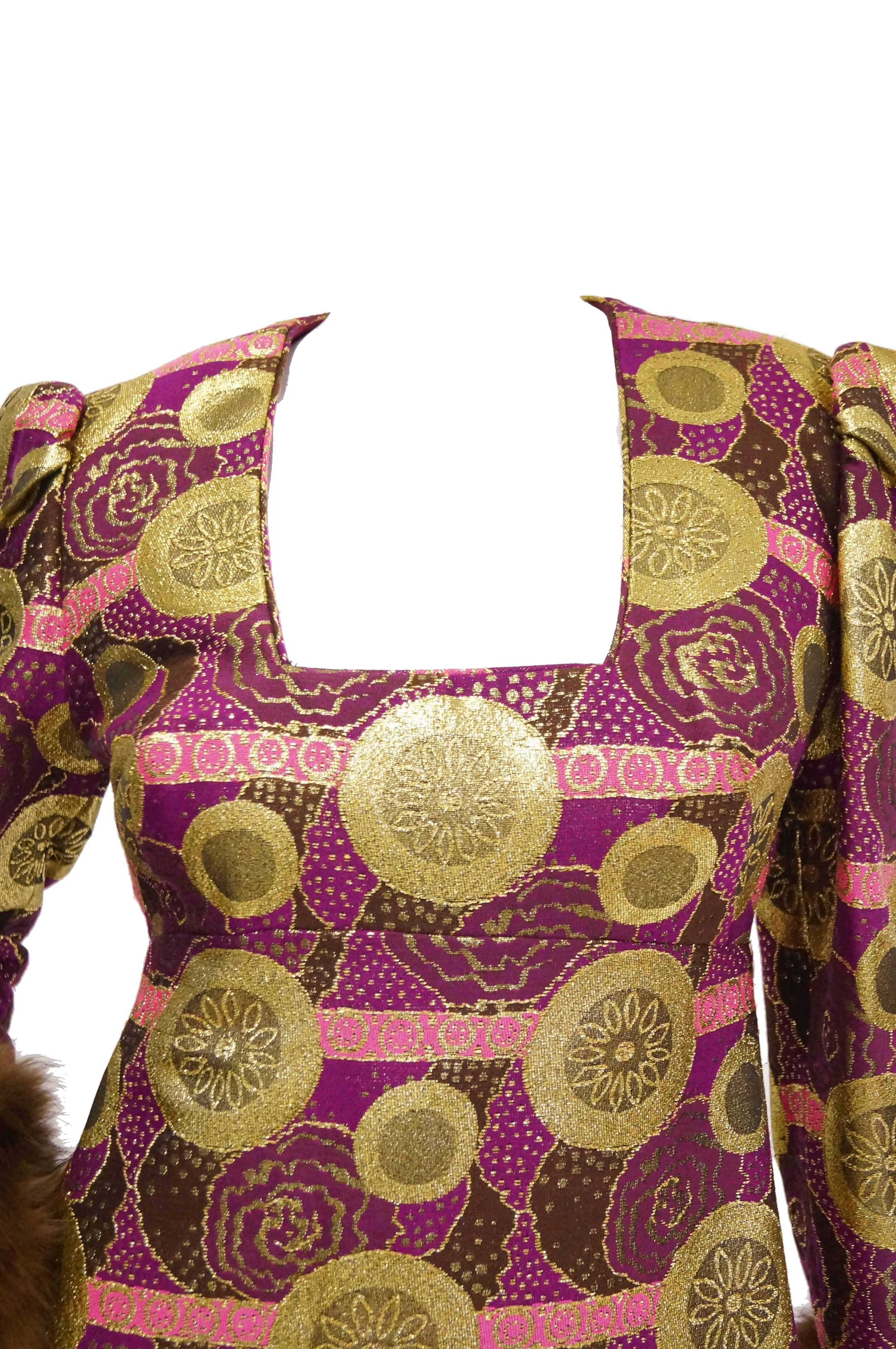 1960s Mr. Blackwell Fur Cuff Gold and Purple Brocade Evening Dress