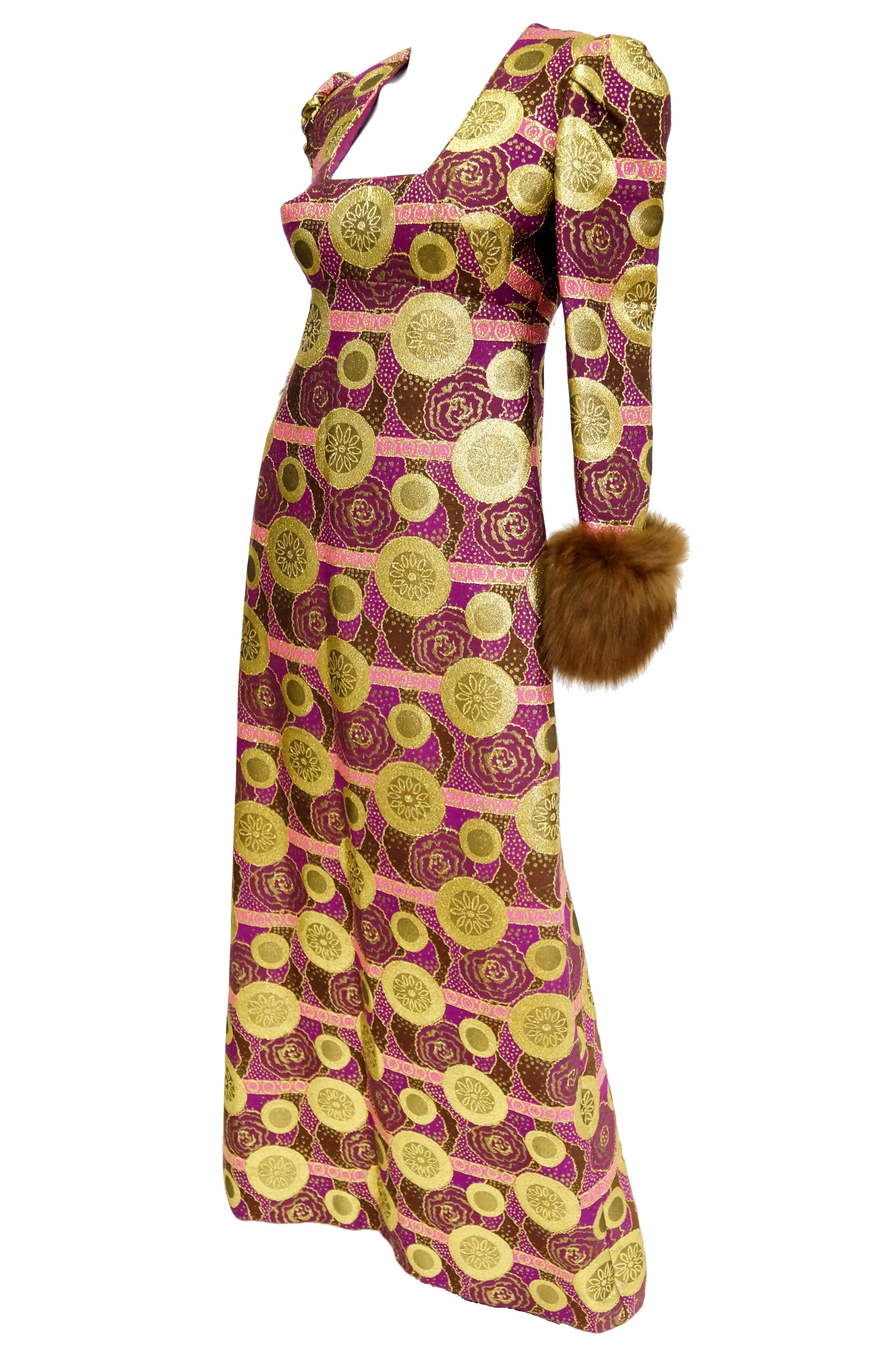 1960s Mr. Blackwell Fur Cuff Gold and Purple Brocade Evening Dress