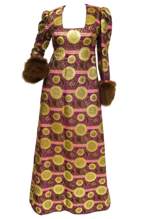 1960s Mr. Blackwell Fur Cuff Gold and Purple Brocade Evening Dress