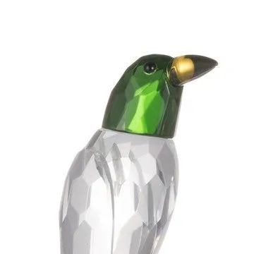 9 Inch 2 Parrots Sculpture Figurine Accent, Clear and Green Faceted Glass By Casagear Home