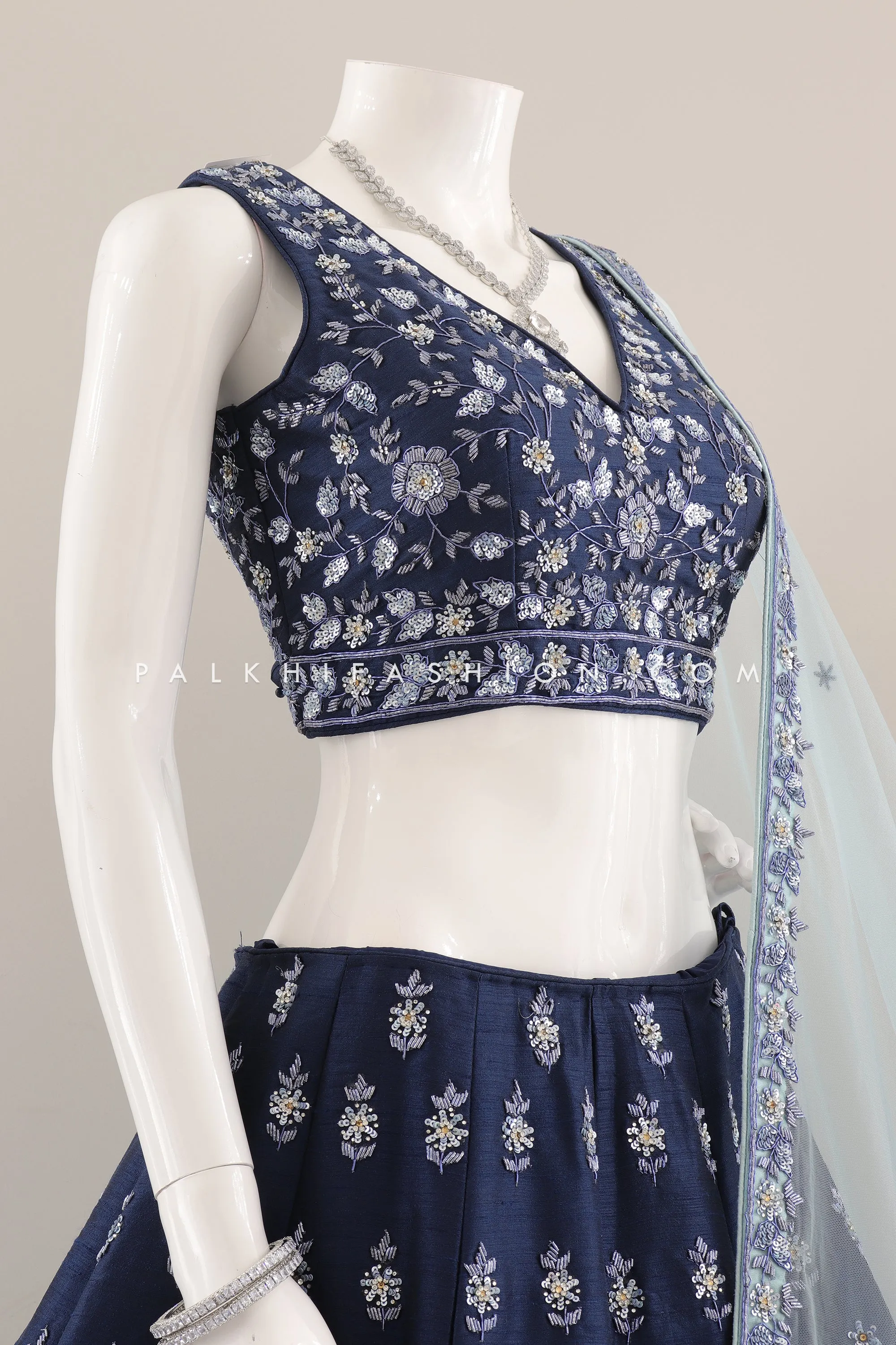 A Majestic Marvel: Designer Petrol Blue Lehenga Choli with Handwork-Palkhi Fashion