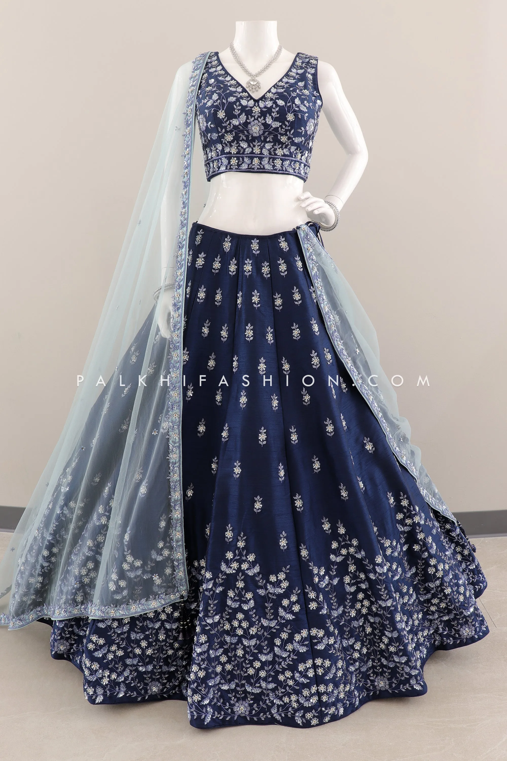 A Majestic Marvel: Designer Petrol Blue Lehenga Choli with Handwork-Palkhi Fashion