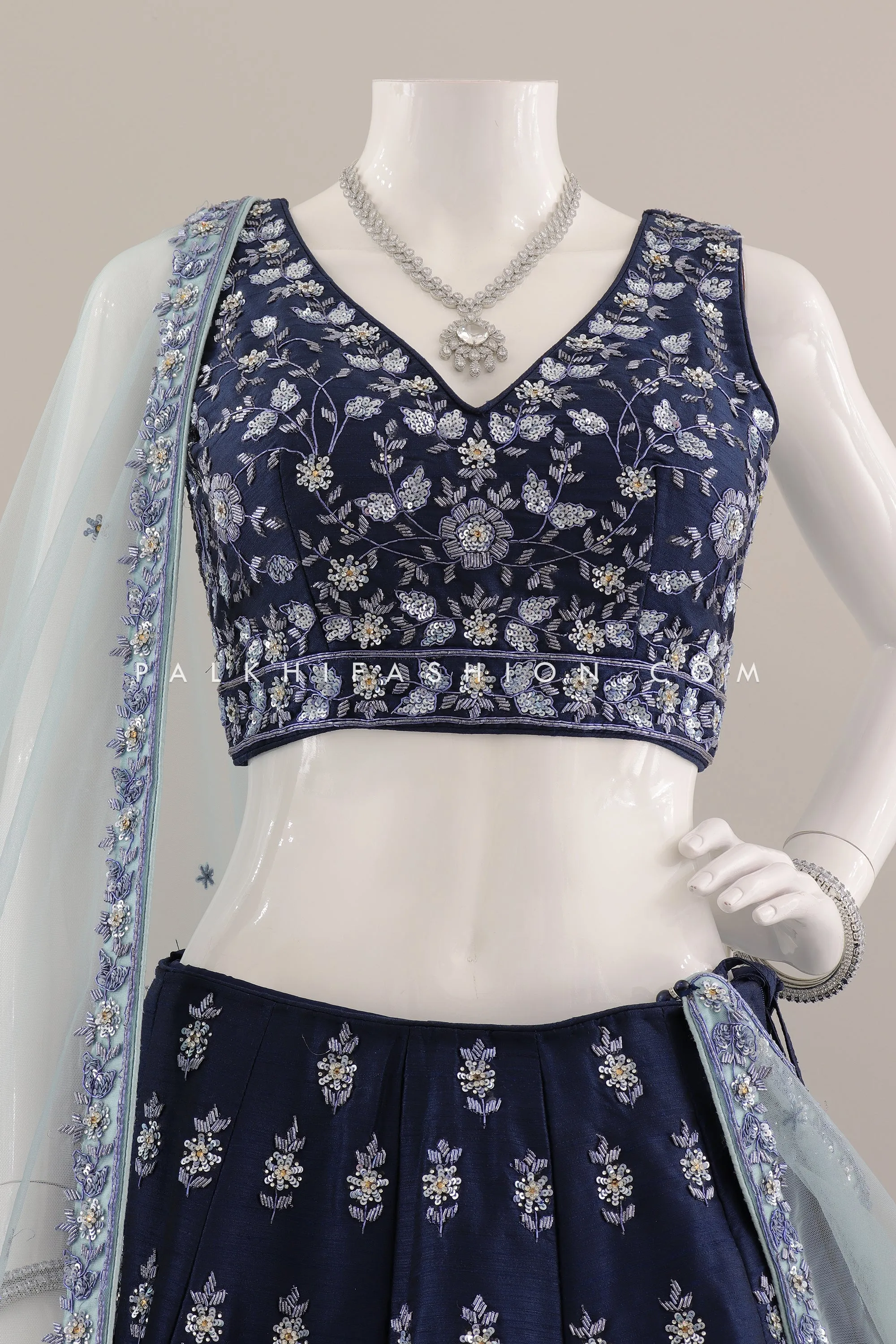 A Majestic Marvel: Designer Petrol Blue Lehenga Choli with Handwork-Palkhi Fashion