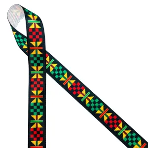 Ankara Kente African design yellow, green, black, printed on 5/8" white grosgrain ribbon,