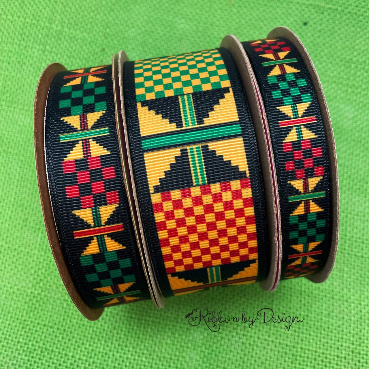 Ankara Kente African design yellow, green, black, printed on 5/8" white grosgrain ribbon,