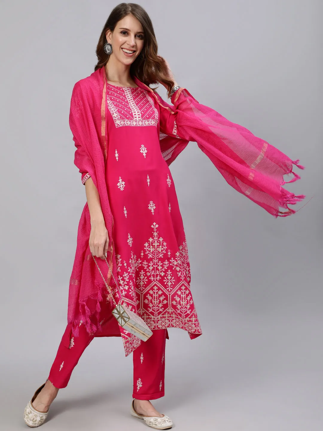 Anubhutee Women Pink Ethnic Motifs Printed Regular Kurta with Trousers  With Dupatta