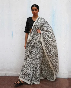 Ariadne Ivory Handblock Printed Cotton Saree