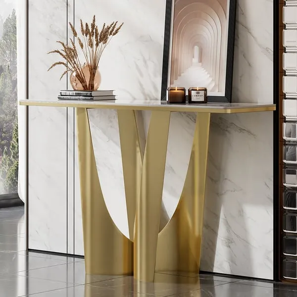 Art Deco White & Gold Console Table with Sintered Stone Top & Stainless Steel Base