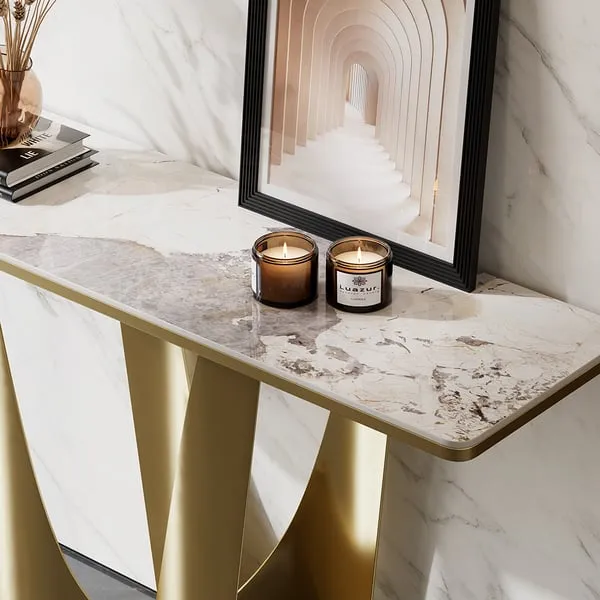 Art Deco White & Gold Console Table with Sintered Stone Top & Stainless Steel Base