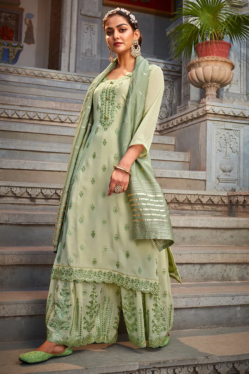 Beautiful Mint Green Georgette Festive Designer Sharara Suit