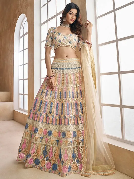 Beige and blue Readymade embroidered lehenga choli with dupatta