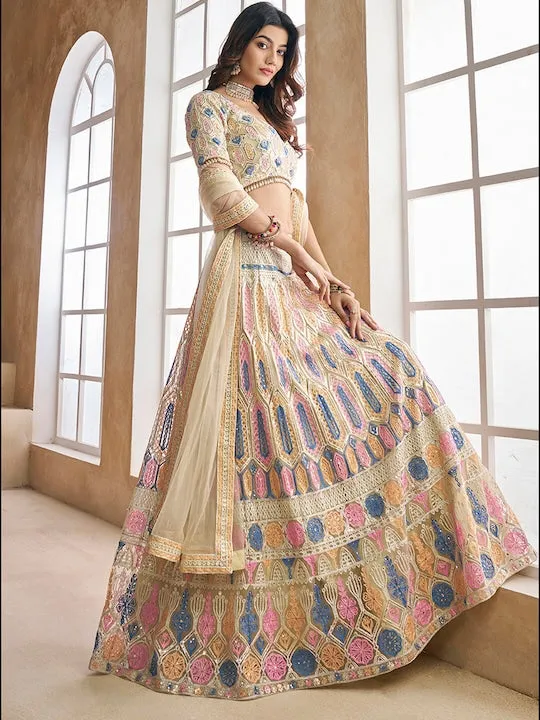 Beige and blue Readymade embroidered lehenga choli with dupatta