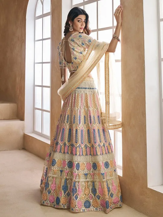 Beige and blue Readymade embroidered lehenga choli with dupatta