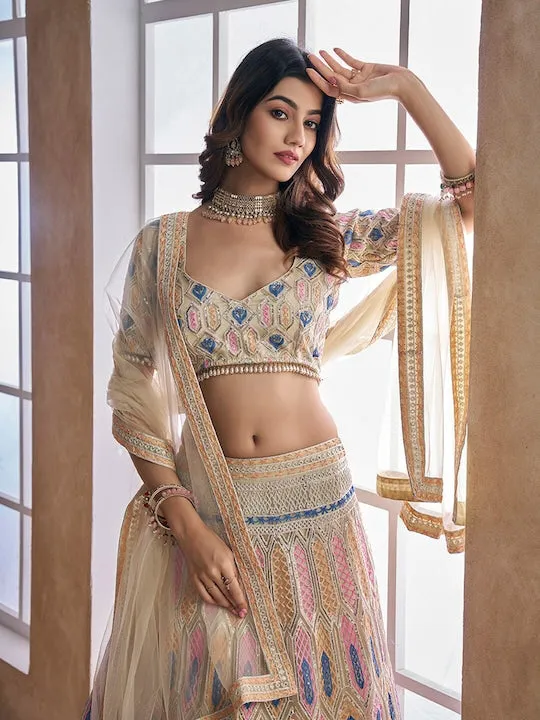 Beige and blue Readymade embroidered lehenga choli with dupatta