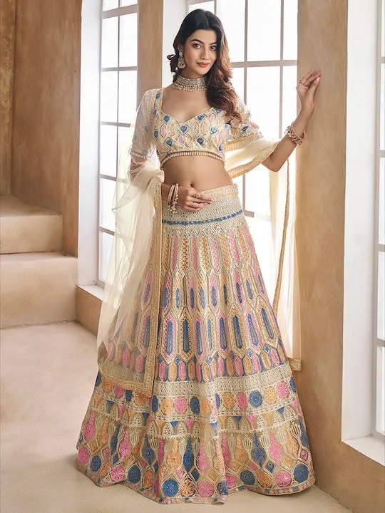 Beige and blue Readymade embroidered lehenga choli with dupatta