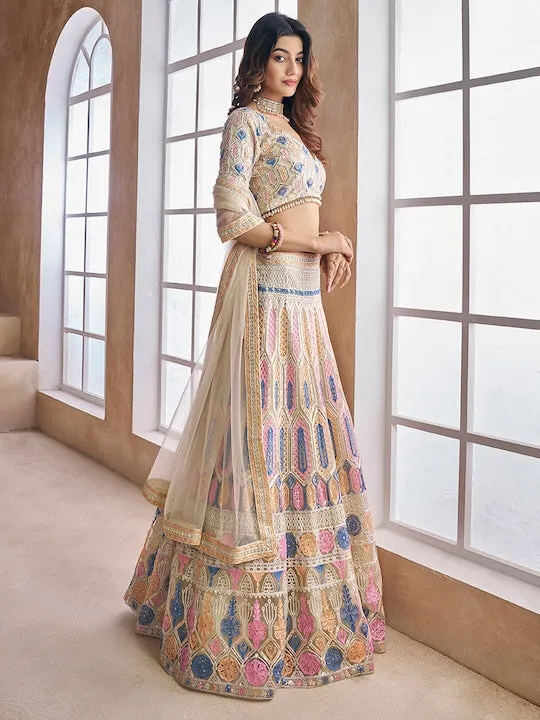 Beige and blue Readymade embroidered lehenga choli with dupatta