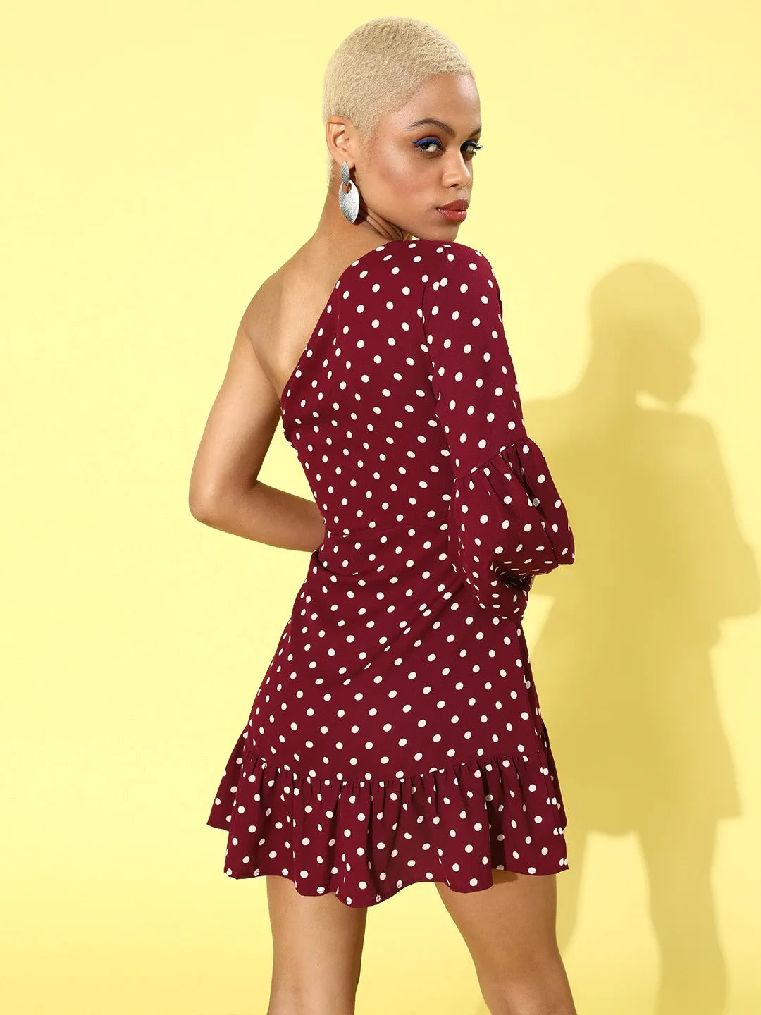 Berrylush Women Red & White Polka Dot Printed One-Shoulder Fit & Flare Mini Dress