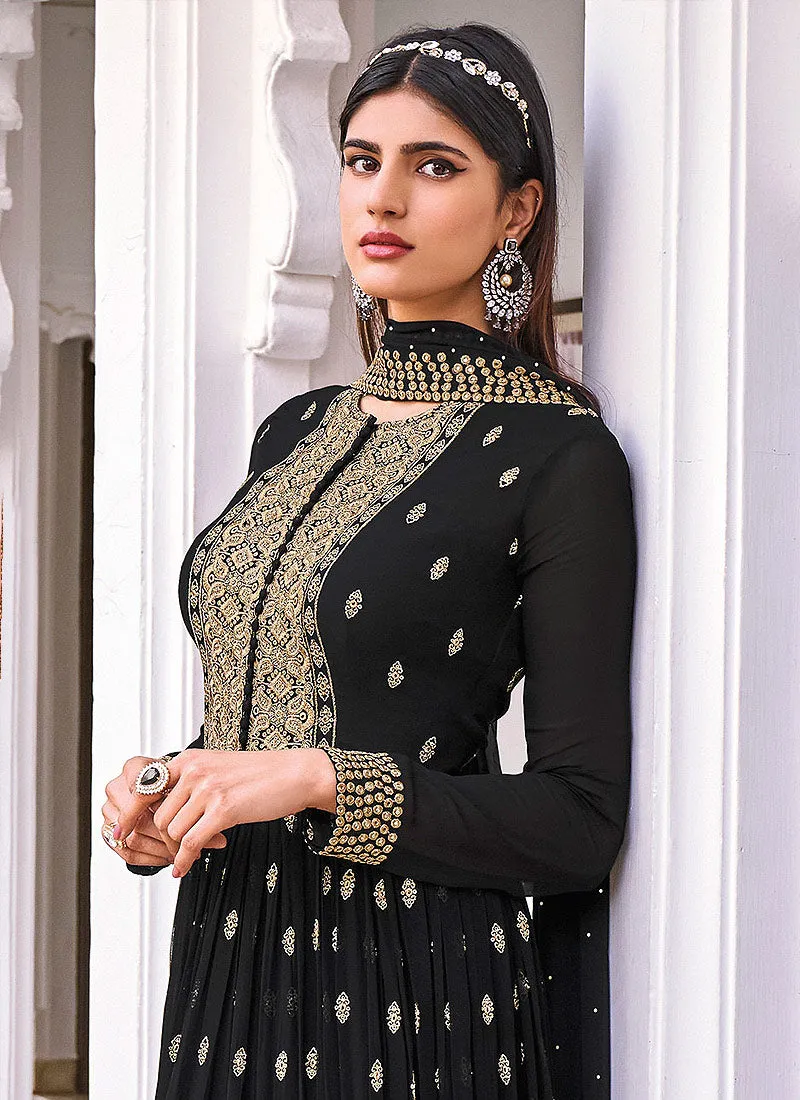 Black Golden Embroidered Anarkali Style Gharara Suit