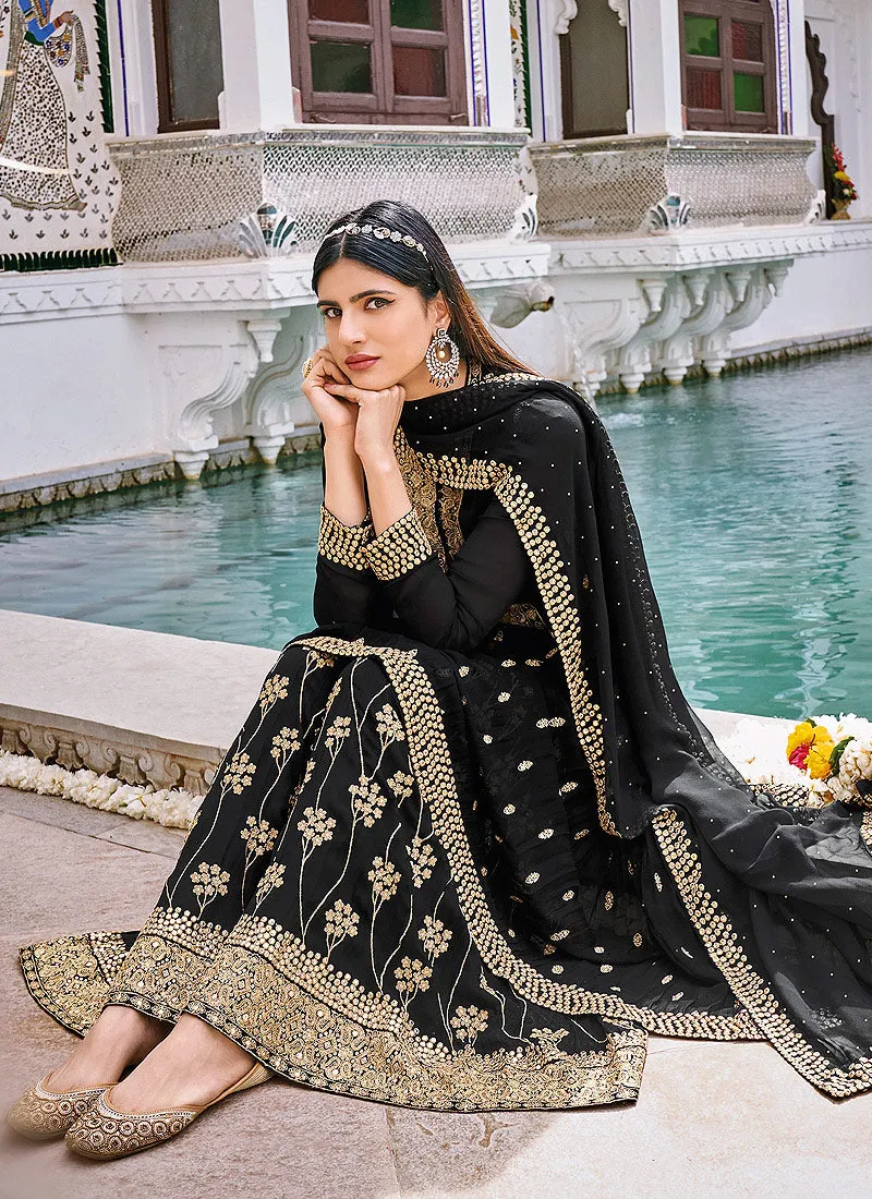 Black Golden Embroidered Anarkali Style Gharara Suit