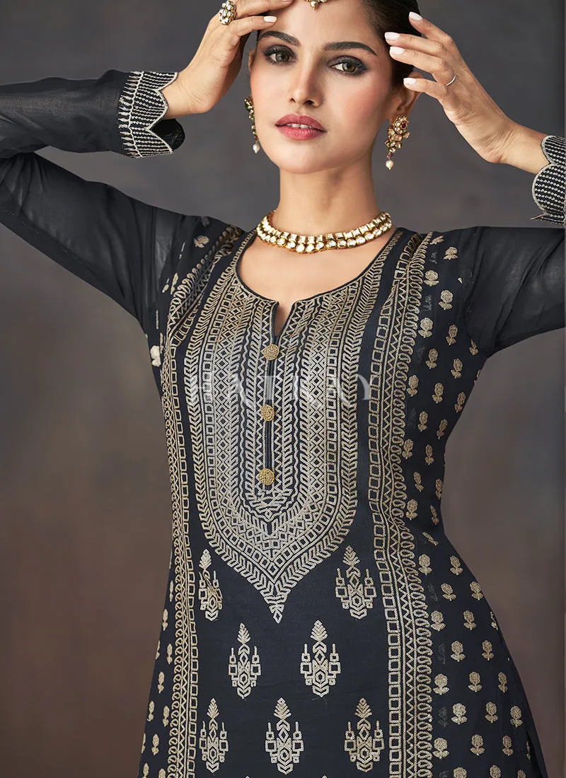 Black Golden Embroidered Sharara Style Suit