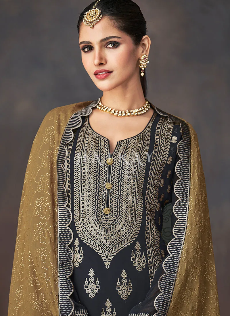 Black Golden Embroidered Sharara Style Suit