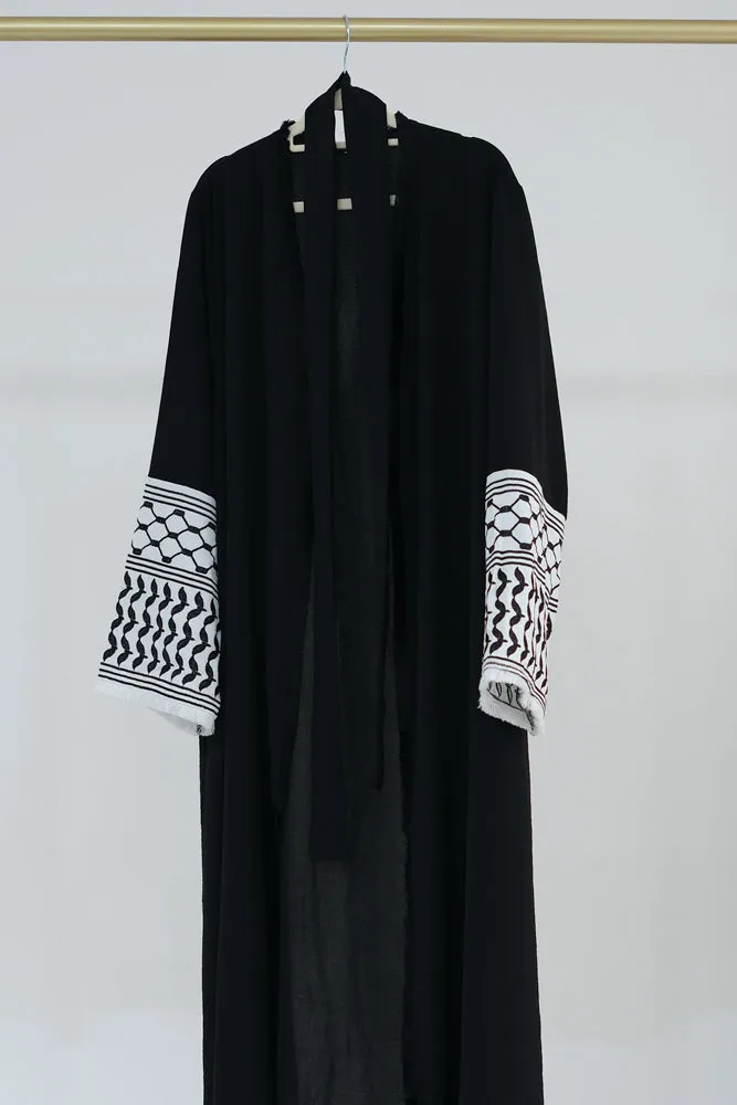 Black Keffiyeh Inspired Abaya with contrast embroidered sleeves and detachable belt