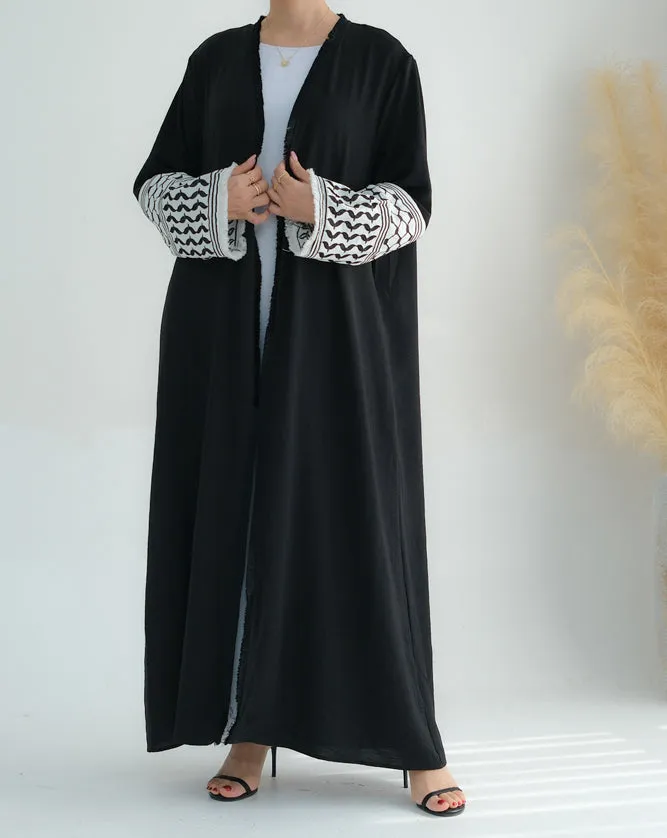 Black Keffiyeh Inspired Abaya with contrast embroidered sleeves and detachable belt