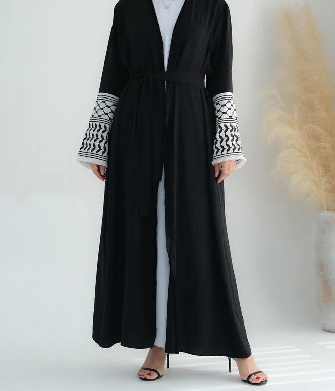 Black Keffiyeh Inspired Abaya with contrast embroidered sleeves and detachable belt