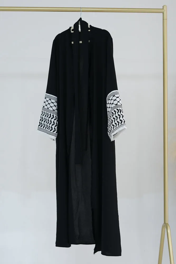 Black Keffiyeh Inspired Abaya with contrast embroidered sleeves and detachable belt