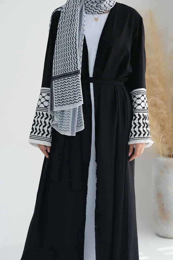 Black Keffiyeh Inspired Abaya with contrast embroidered sleeves and detachable belt