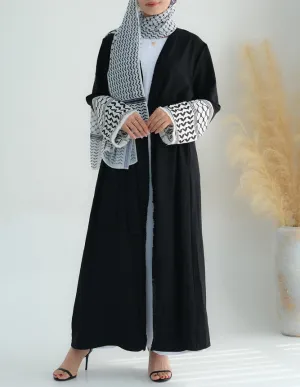 Black Keffiyeh Inspired Abaya with contrast embroidered sleeves and detachable belt