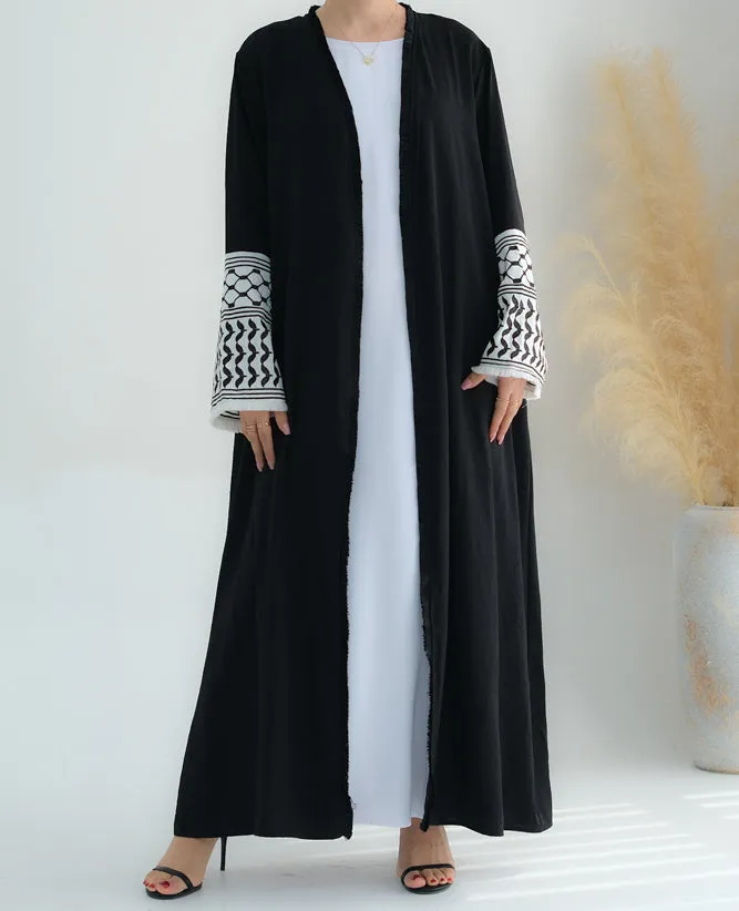 Black Keffiyeh Inspired Abaya with contrast embroidered sleeves and detachable belt