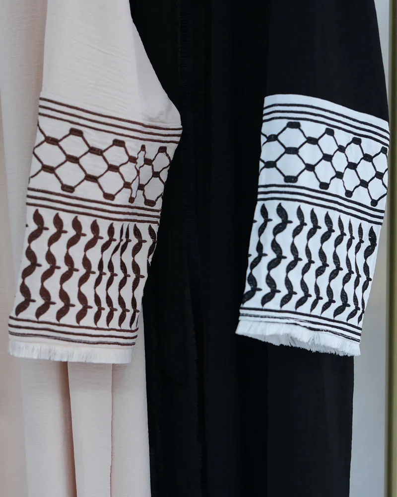 Black Keffiyeh Inspired Abaya with contrast embroidered sleeves and detachable belt