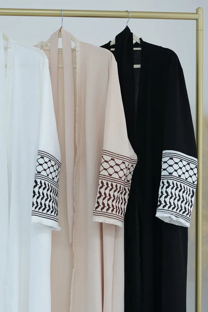 Black Keffiyeh Inspired Abaya with contrast embroidered sleeves and detachable belt