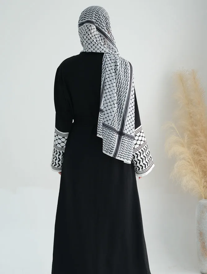 Black Keffiyeh Inspired Abaya with contrast embroidered sleeves and detachable belt