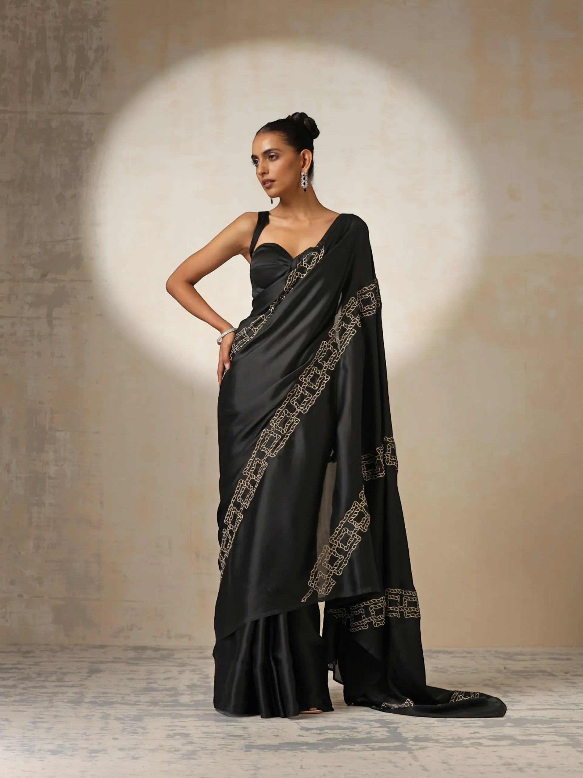 Black Satin Saree with Embroidery and Blouse Fabric