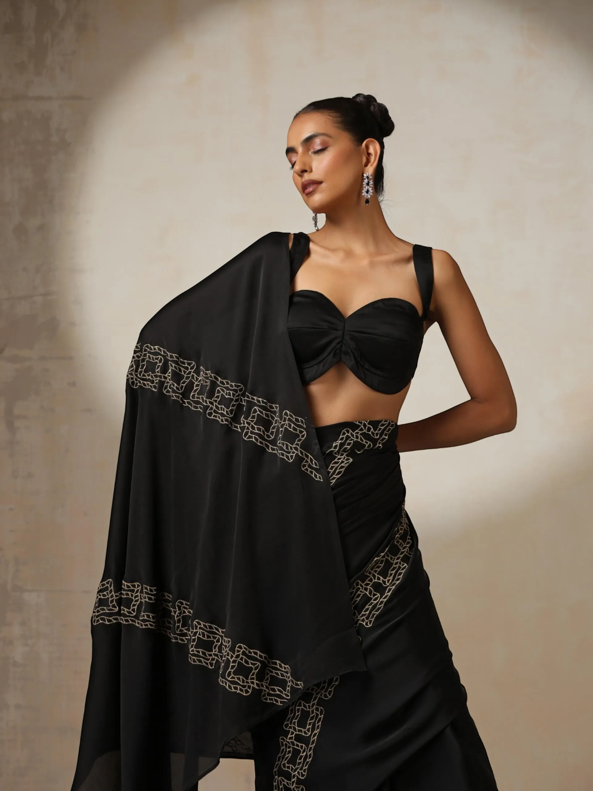 Black Satin Saree with Embroidery and Blouse Fabric