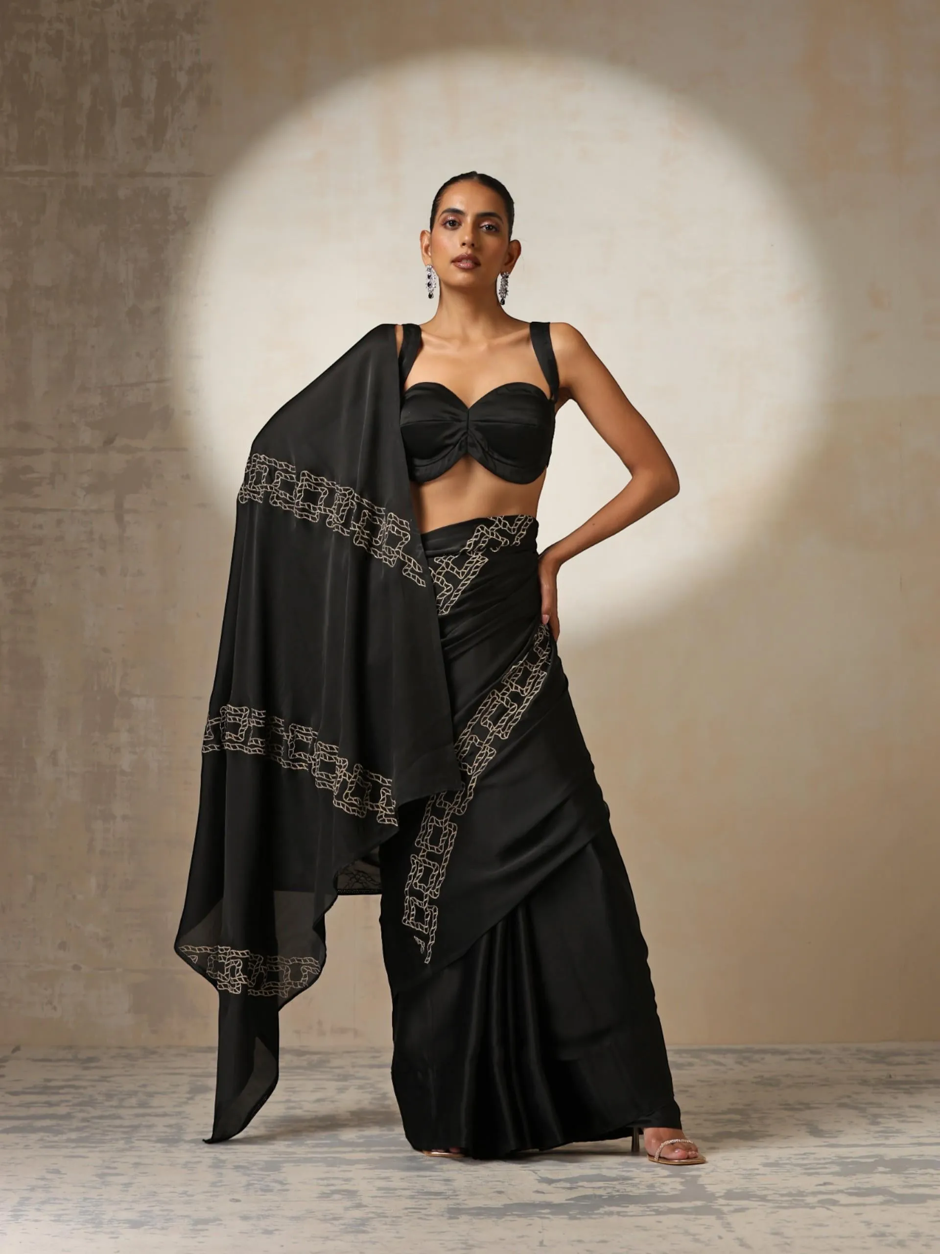 Black Satin Saree with Embroidery and Blouse Fabric