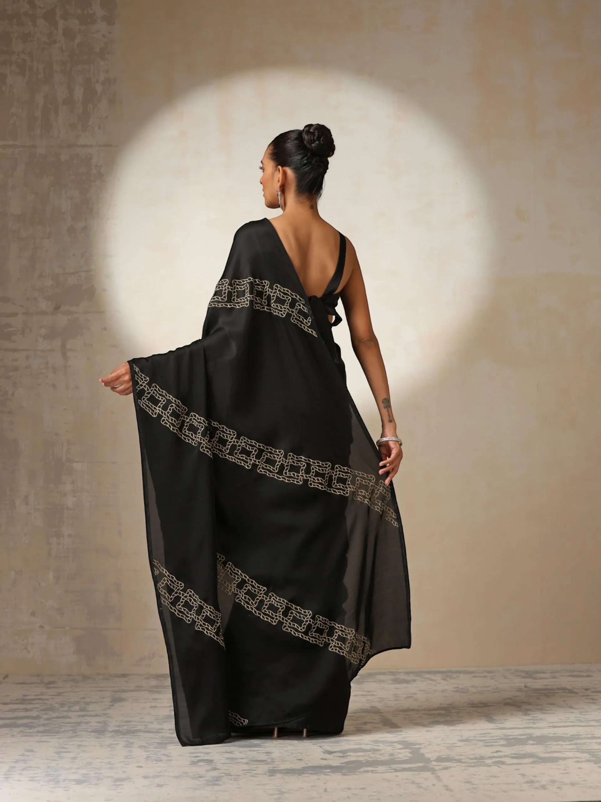 Black Satin Saree with Embroidery and Blouse Fabric