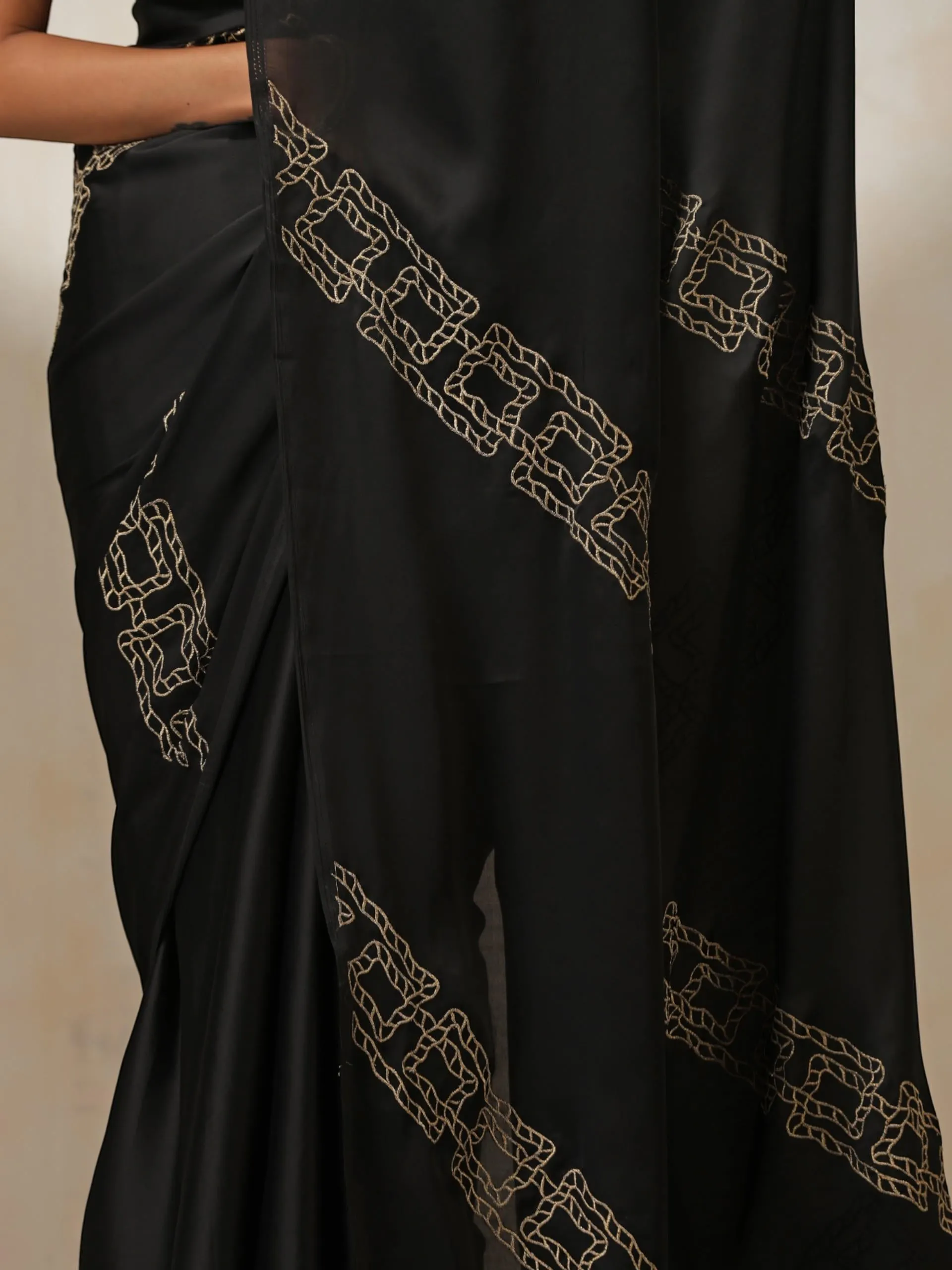 Black Satin Saree with Embroidery and Blouse Fabric