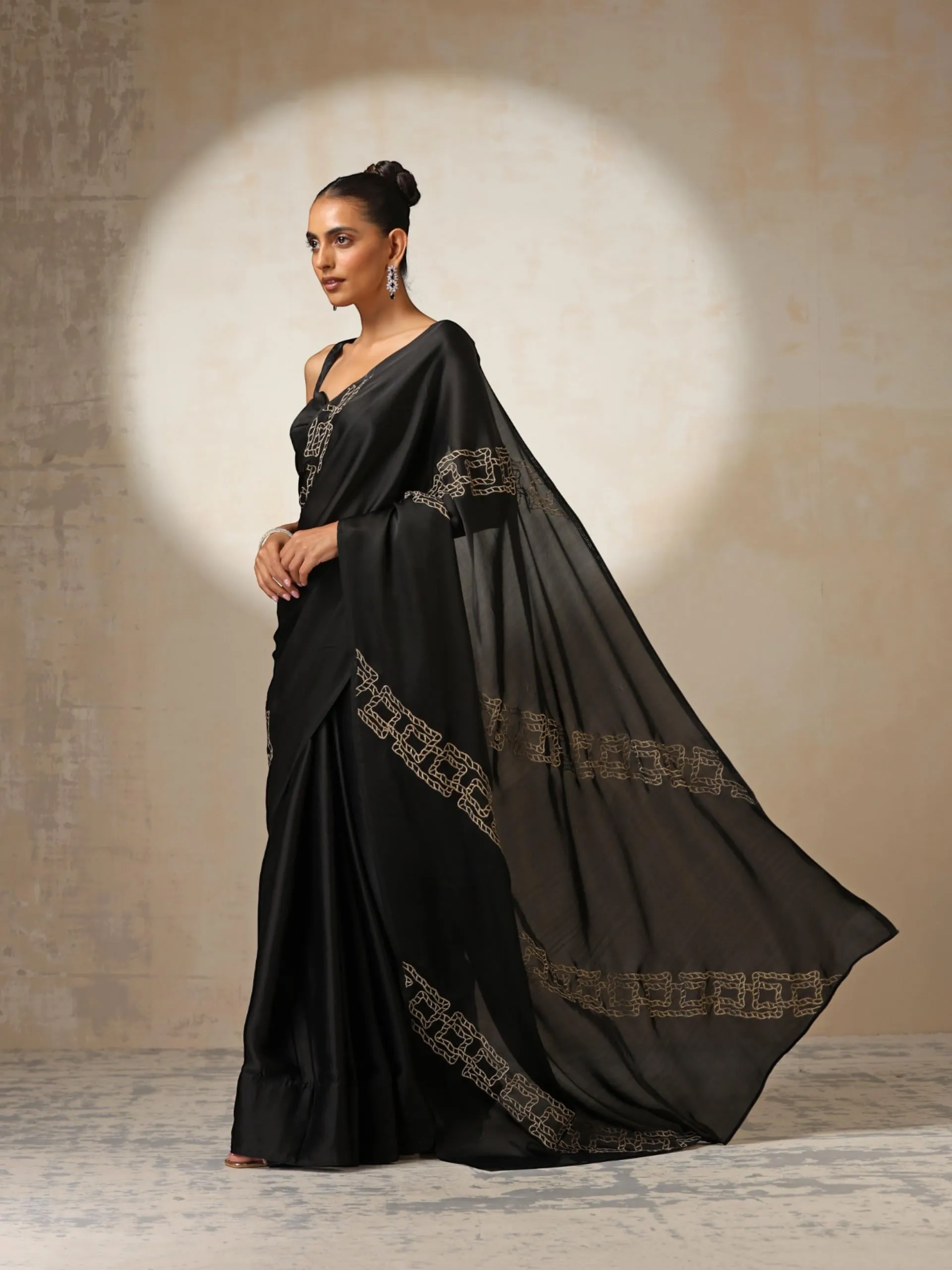 Black Satin Saree with Embroidery and Blouse Fabric