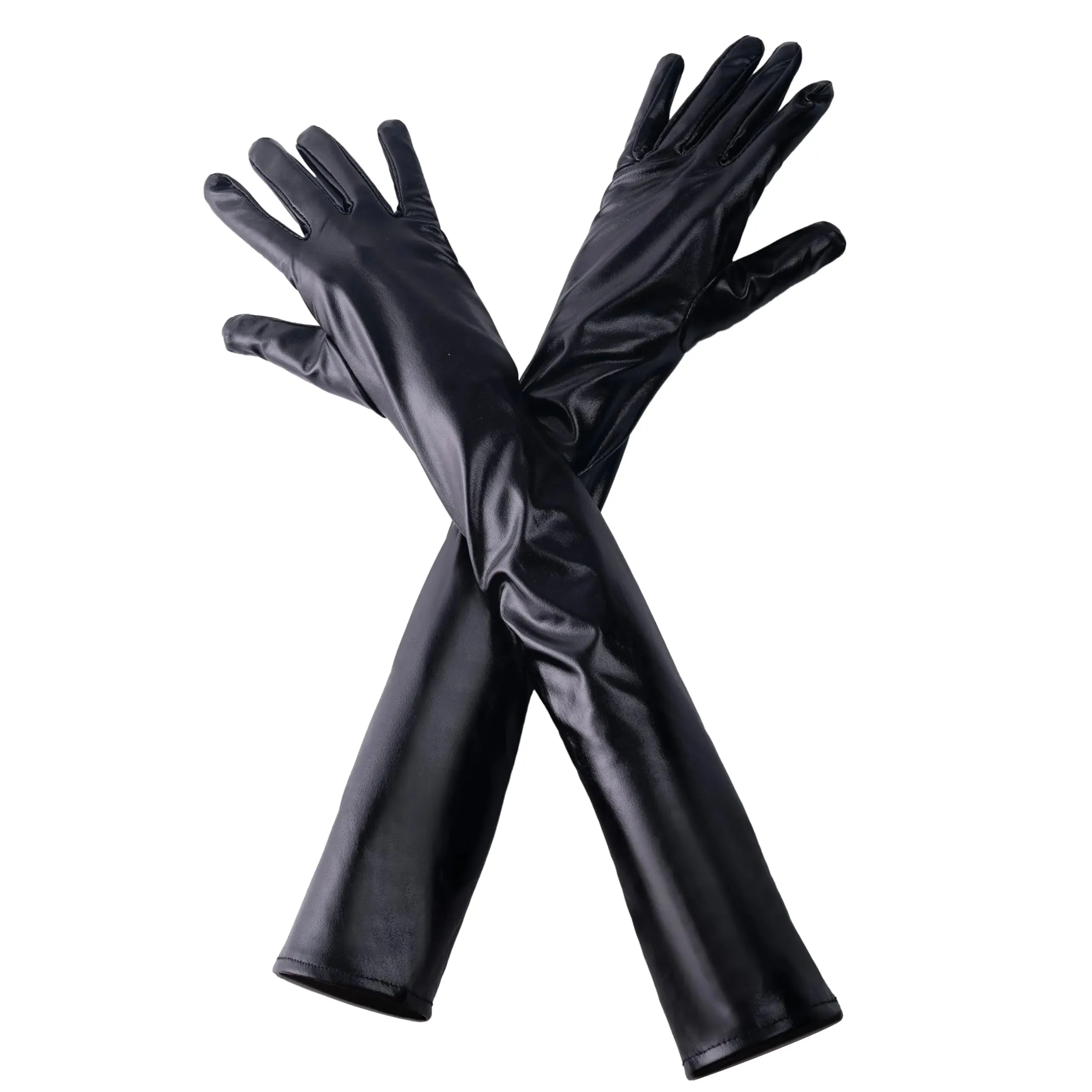 Black Wet Look Long Gloves, Faux Patent Leather Dress Gloves Accessory