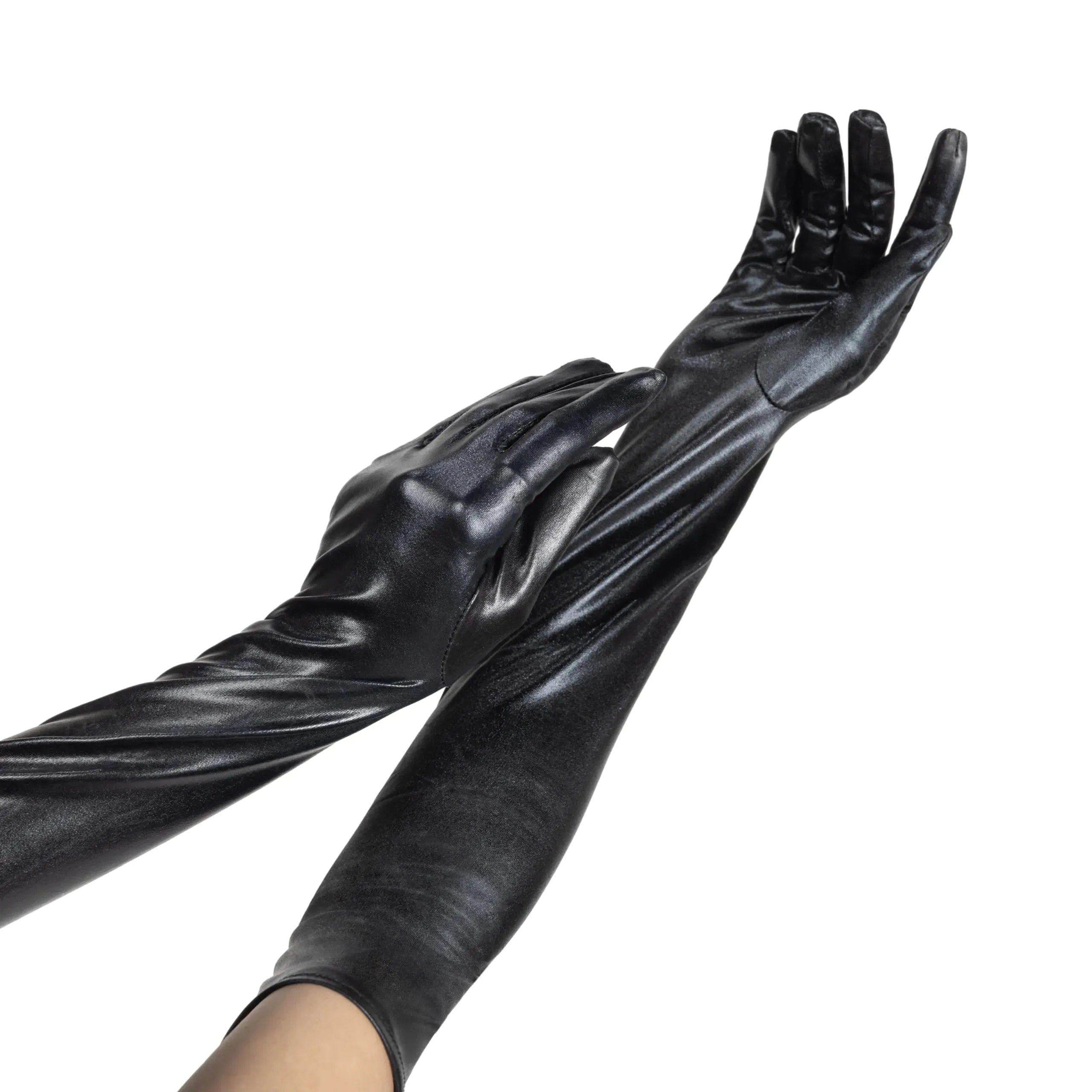 Black Wet Look Long Gloves, Faux Patent Leather Dress Gloves Accessory