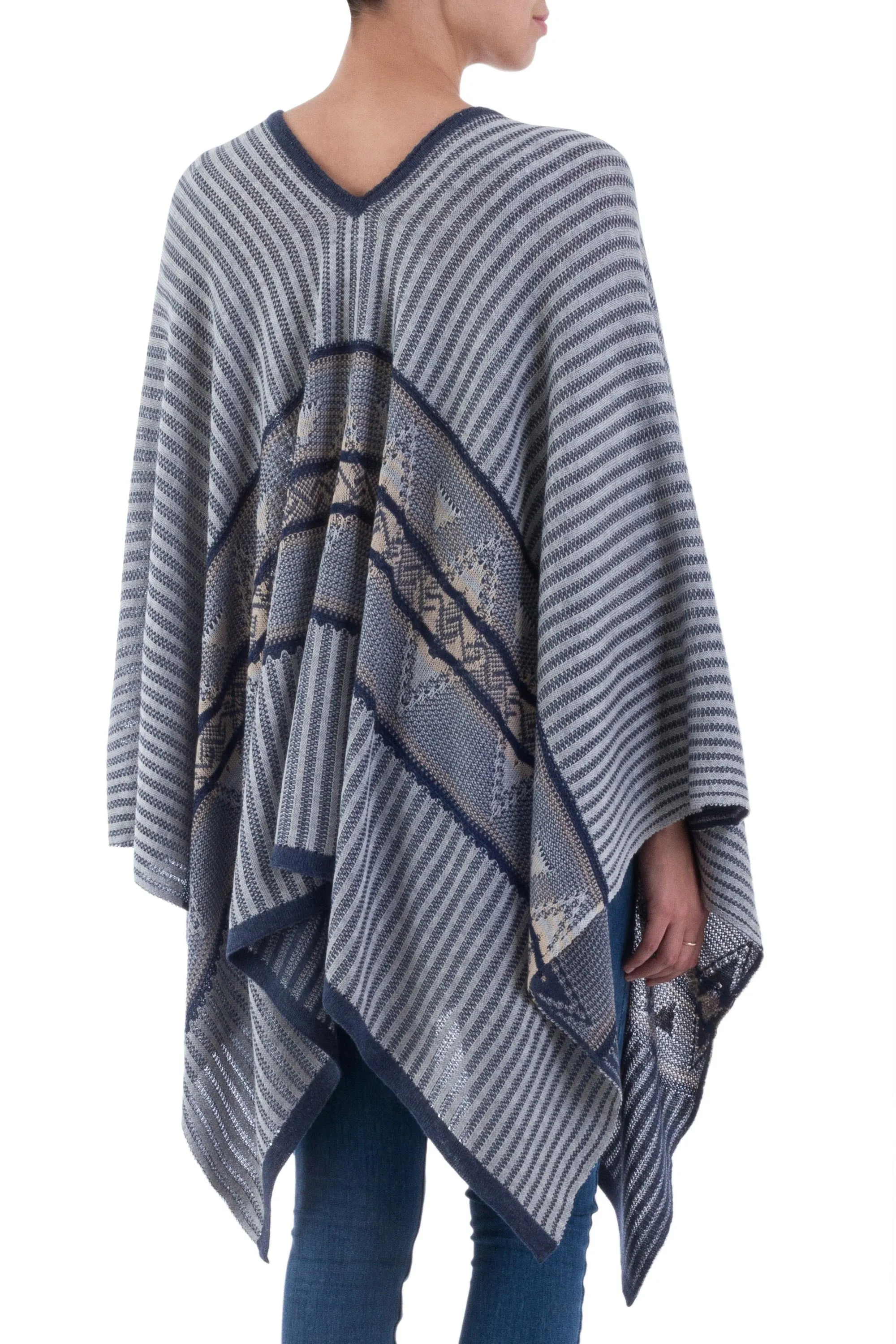 Bohemian Poncho in Blue Geometric Pattern from Peru - Memories Past in Blue | NOVICA