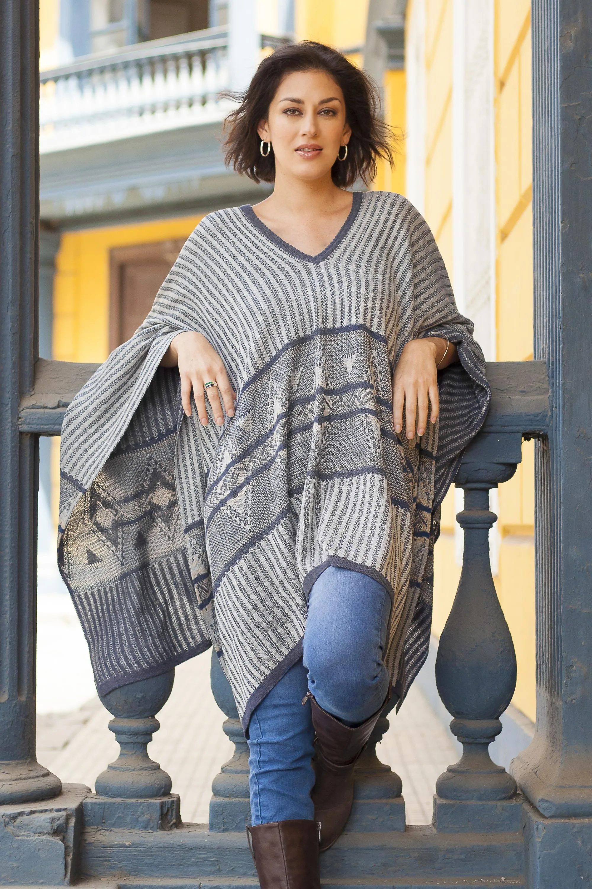 Bohemian Poncho in Blue Geometric Pattern from Peru - Memories Past in Blue | NOVICA