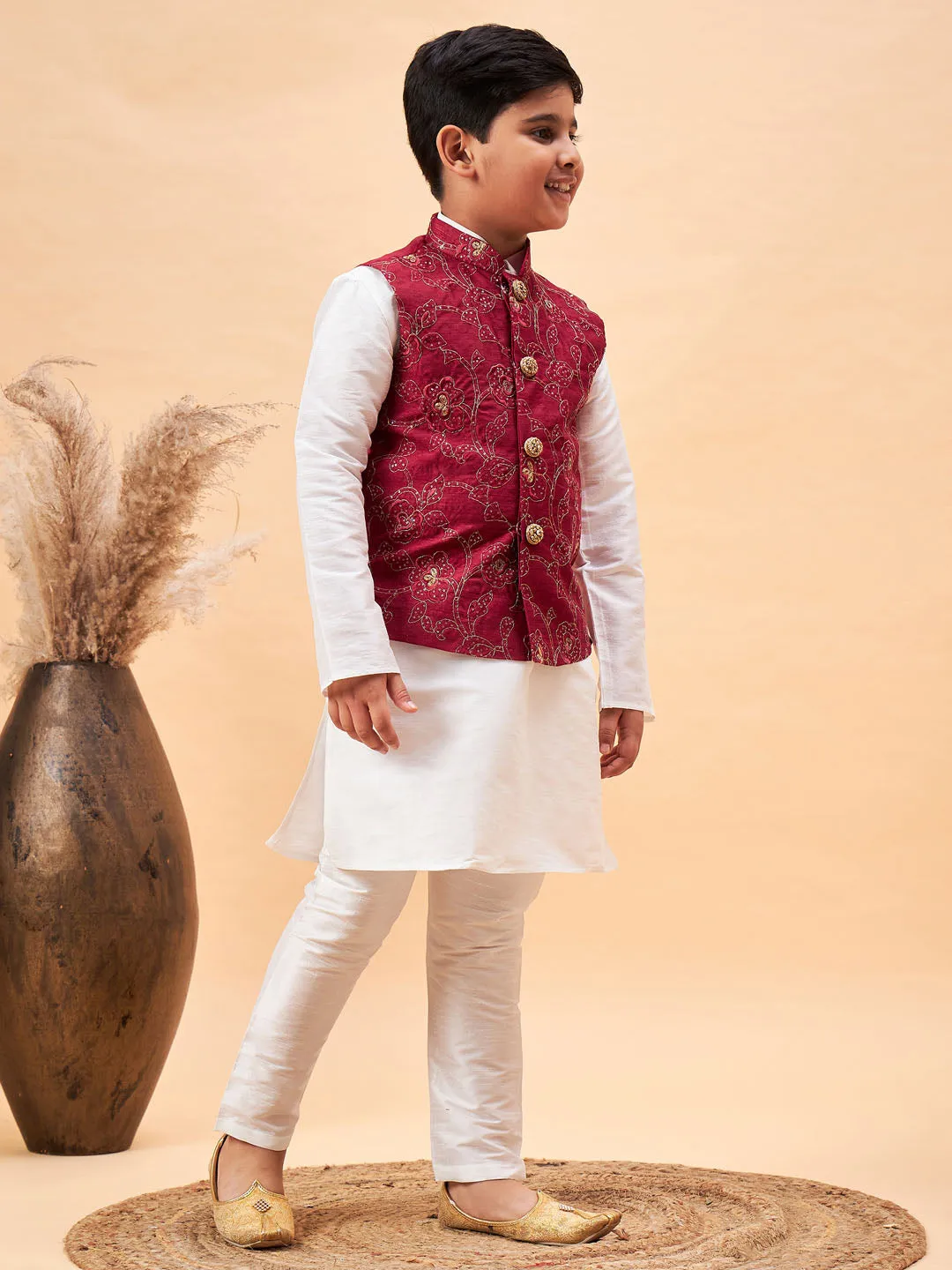 Boy's Maroon And White Jacket, Kurta And Pyjama Set - Vastramay Boys