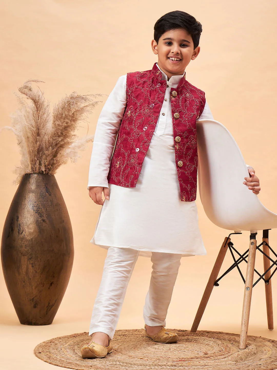 Boy's Maroon And White Jacket, Kurta And Pyjama Set - Vastramay Boys