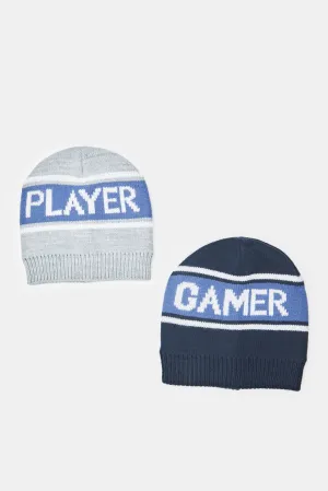 Boys Navy And Grey Printed Knitted Cap Set (2 Piece)