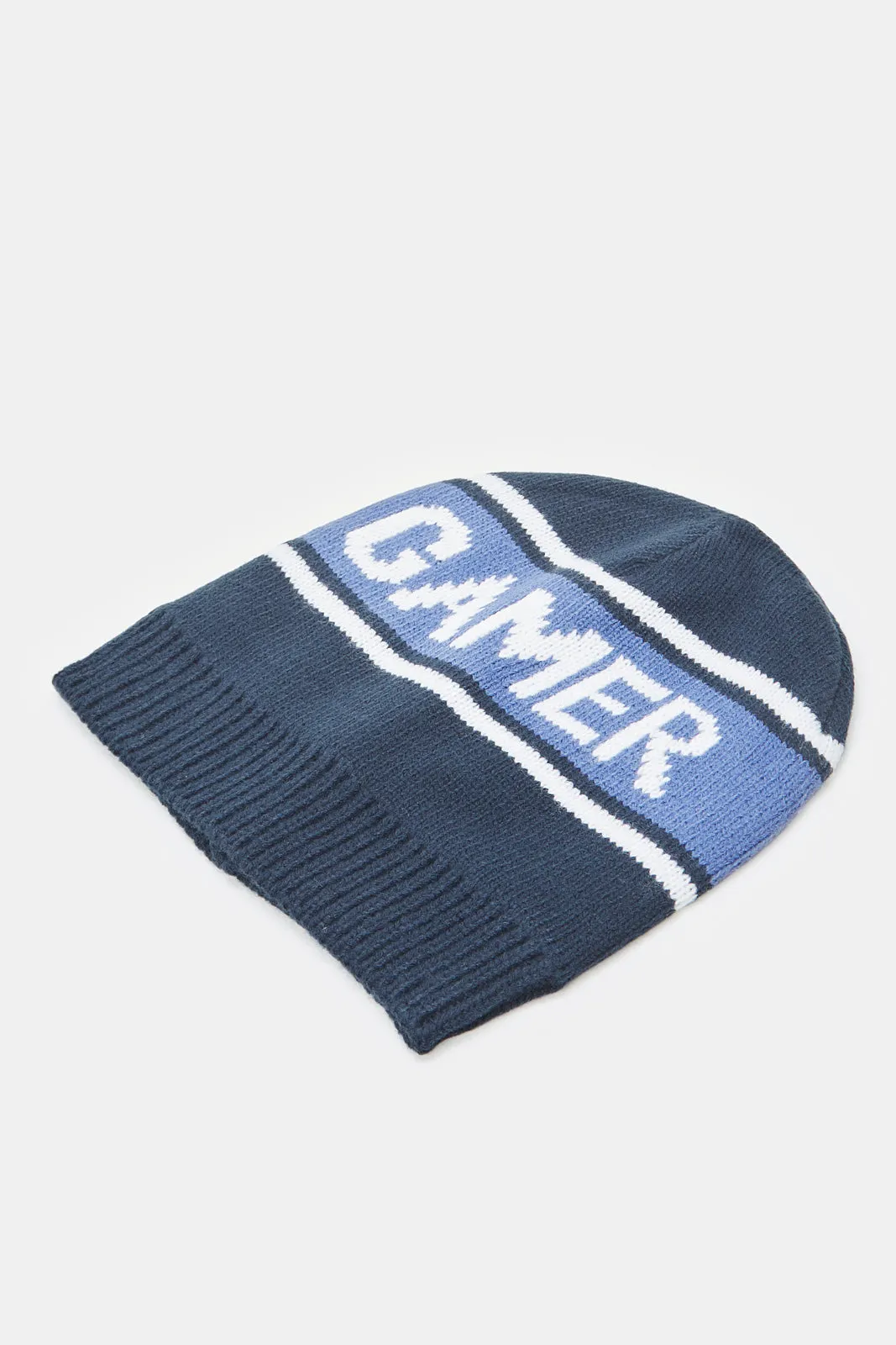 Boys Navy And Grey Printed Knitted Cap Set (2 Piece)