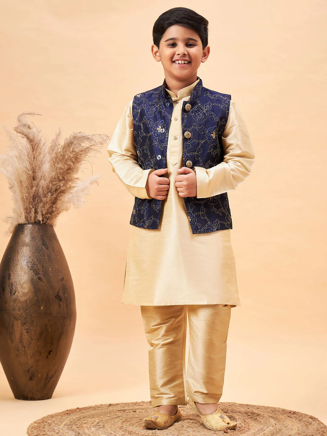 Boy's Navy Blue And Gold Jacket, Kurta And Pyjama Set - Vastramay Boys